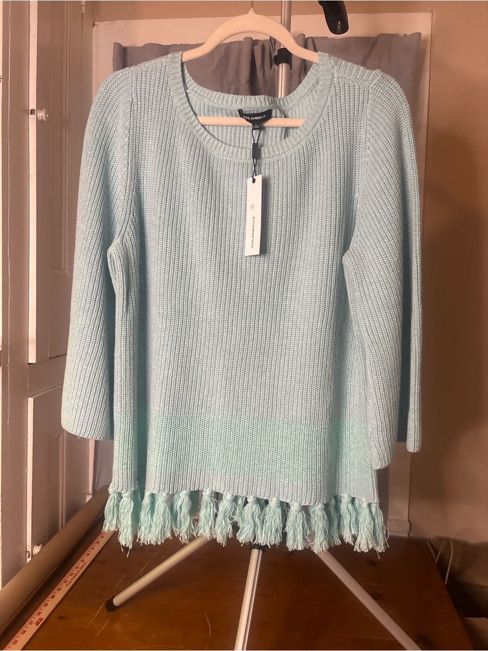 525 America NWT L Blue Cotton Knit Sweater Tassel Fringe Bell Sleeve Boho